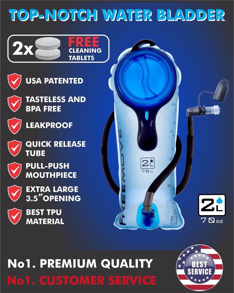 FREEMOVE 2L Hydration Bladder > BPA Free Water Bladder for Hydration Backpack < Leak Proof Water Reservoir  Large Opening  Tasteless TPU Material  Quick Release Insulated Tube  On/Off Valve  Soft Bite with Cap - Image 2